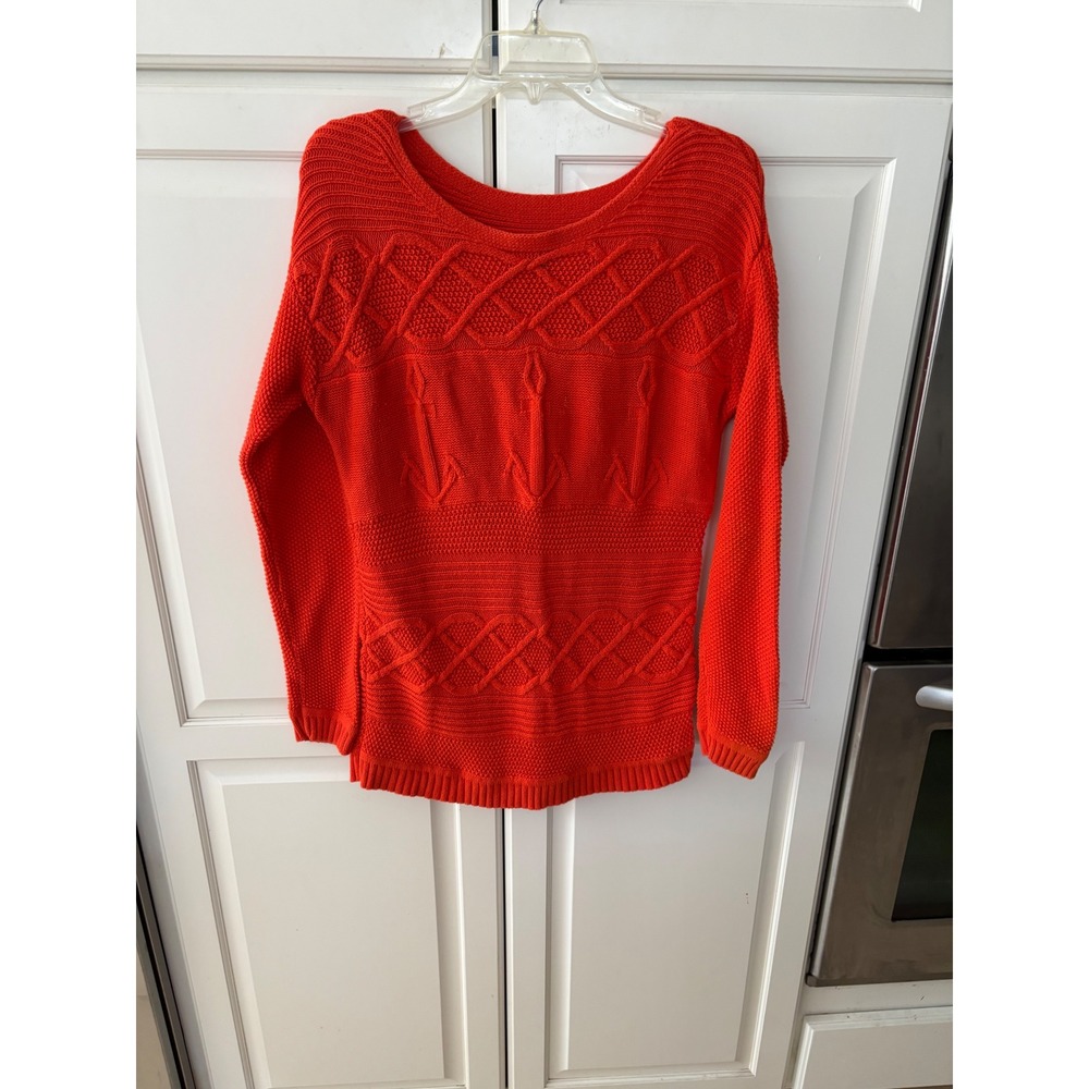 Talbots Orange Red Anchor Knit‎ Sweater Womens Medium 100% Cotton Nautical Scoop